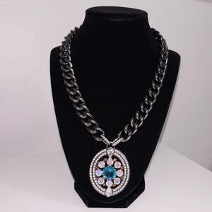 Y2K Juicy Couture Elegant Black and Silver Necklace with Blue Gemstone